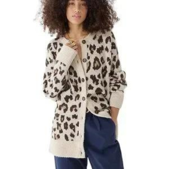 J Crew Leopard Print Cream Cardigan Sweater - Picture 1 of 6